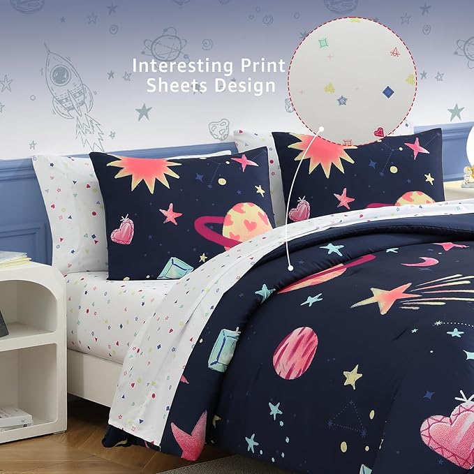 Twin XL Comforter Sets Planet, Space Bedding Set for Girls Boys Teen, All Season Kids Bed in a Bag Dorm 5 Pieces with Sheets, Pillowcase & Sham