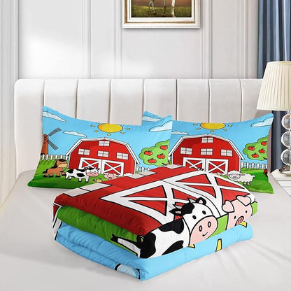 QOOMO Farm Animals Comforter,Farmhouse Comforter Set for Kids Teens Girls Boys,Cartoon Animals 3Pcs Bedding Set Printed Comforter with 2 Pillowcases,Down Alternative,Soft and Lightweight，Twin Size