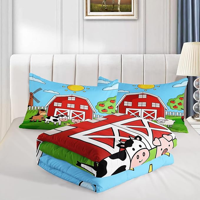 QOOMO Farm Animals Comforter,Farmhouse Comforter Set for Kids Teens Girls Boys,Cartoon Animals 3Pcs Bedding Set Printed Comforter with 2 Pillowcases,Down Alternative,Soft and Lightweight，Queen Size