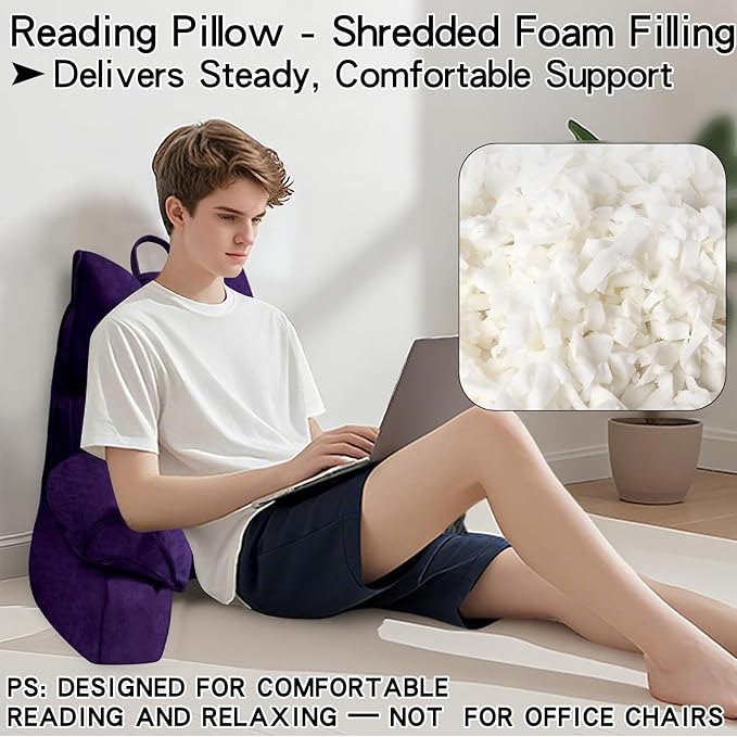 RRPAHWTV Reading Pillow for Bed with High Arm Rests,Back Support Pillow for Sitting Up in Bed with Shredded Memory Foam for Reading, TV, Gaming or Relaxing on Floor（Grape, Large）