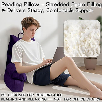 RRPAHWTV Reading Pillow for Bed with High Arm Rests,Back Support Pillow for Sitting Up in Bed with Shredded Memory Foam for Reading, TV, Gaming or Relaxing on Floor（Grape, Large）