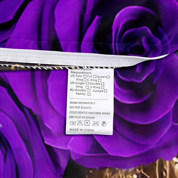 Golden Skull and Purple Roses Twin Size Duvet Cover Set Flowers Comforter-Cover and Pillowcases Black Background Gothic and Florals Print Bedding Set Bedroom Decor