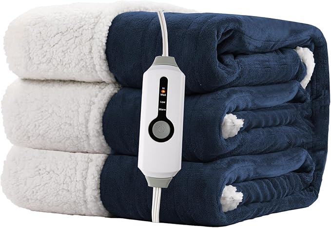 Electric Heated Blanket Full Size 72"x84" - Dual-Sided with Microplush & Sherpa Fabric, 4 Heat Settings & 10 Hours Auto Off, Machine Washable - Dark Blue