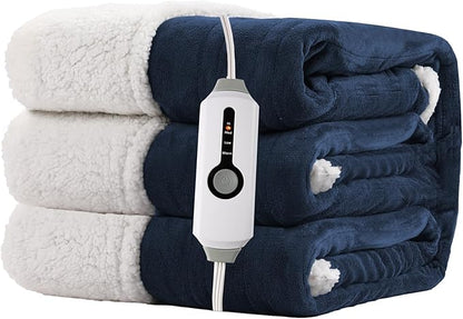 Electric Heated Blanket Full Size 72"x84" - Dual-Sided with Microplush & Sherpa Fabric, 4 Heat Settings & 10 Hours Auto Off, Machine Washable - Dark Blue