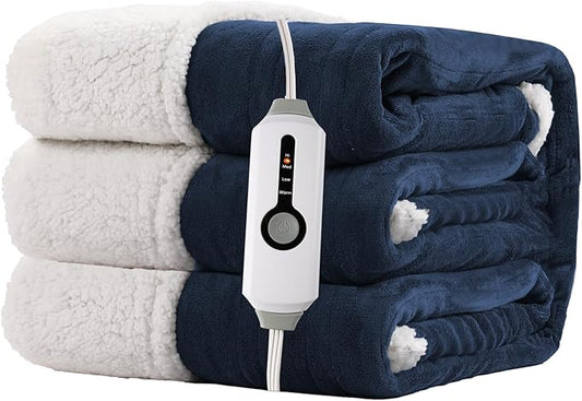 Electric Heated Blanket Full Size 72"x84" - Dual-Sided with Microplush & Sherpa Fabric, 4 Heat Settings & 10 Hours Auto Off, Machine Washable - Dark Blue