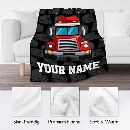 Personalized Truck Blanket, Cozy Soft Throw Gifts for Kids, Cute Black Flannel Throw Blankets for Couch Office, 30x40 Inches