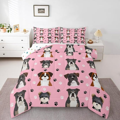 Castle Fairy Cute Dogs Comforter Set Queen Size 3 Pcs,Cartoon Watercolor Puppy Animals Bedding Sets for Kids Girls Teen,Black White Paw Print Quilted Comforter with 2 Pillowcases