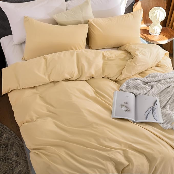 NEXHOME PRO Duvet Cover Set 100% Washed Cotton California Kingn 104"x98", Organic Natural Linen Look Textured 3 Pieces Bedding Set Apricot Yellow with Zipper Closure, Breathable Soft(No Comforter)