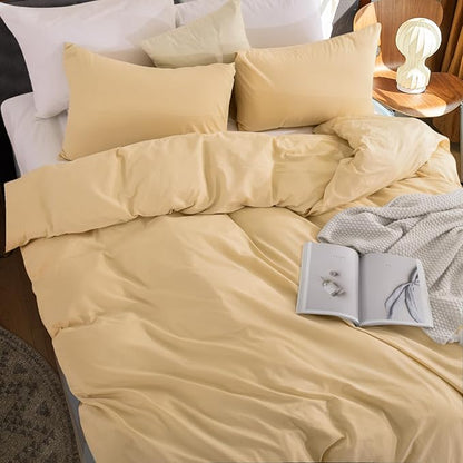 NEXHOME PRO Duvet Cover Set 100% Washed Cotton California Kingn 104"x98", Organic Natural Linen Look Textured 3 Pieces Bedding Set Apricot Yellow with Zipper Closure, Breathable Soft(No Comforter)