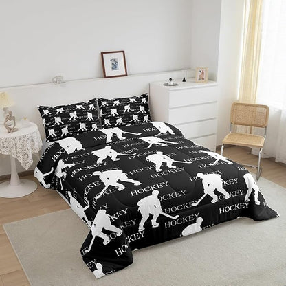 Castle Fairy Ice Hockey Full Size Comforter Set,Gray Hockey Player Bedding Set for Adults Teens,Children Winter Sports Comforter Luxury Hockey Sports Event Quilt Set Room Decor 3Pcs