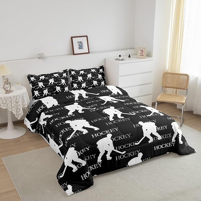 Castle Fairy Ice Hockey Comforter Set,Gray Hockey Player Bedding Set for Kids Girls Women,Adults Winter Sports Comforter,Hockey Sports Event Quilted Duvet Set Bedroom Collection Twin Size 2Pcs