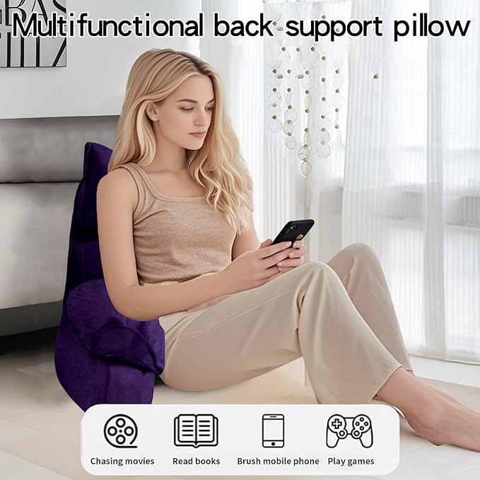 RRPAHWTV Reading Pillow for Bed with High Arm Rests,Back Support Pillow for Sitting Up in Bed with Shredded Memory Foam for Reading, TV, Gaming or Relaxing on Floor（Grape, Large）