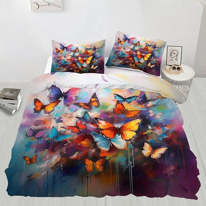 Colorful Butterfly Duvet Cover King Size, Oil Painting Butterfly Bedding Set 3 Piece Bedroom Decor Graffiti Art Comforter Cover and 2 Pillow Sham with Zipper Closure