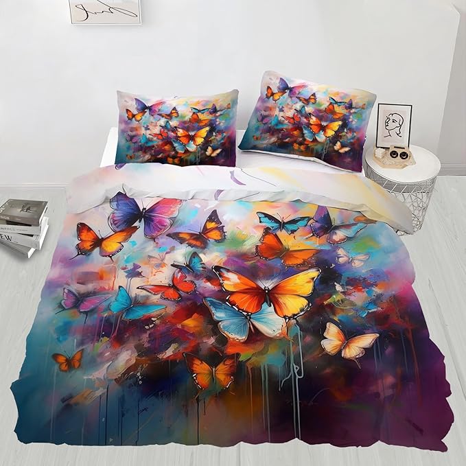 Colorful Butterfly Duvet Cover Oversized King Oil Painting Butterfly Bedding Set 3 Piece Bedroom Decor Graffiti Art Comforter Cover and 2 Pillow Sham with Zipper Closure