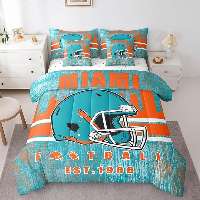 Erosebridal Boys Football Sports Helmet Bedding Set Queen Size Bed in A Bag,Kids Football Comforter Sets with Sheets for Men Women Rugby Ball Gamed Bed Set 7 Pieces
