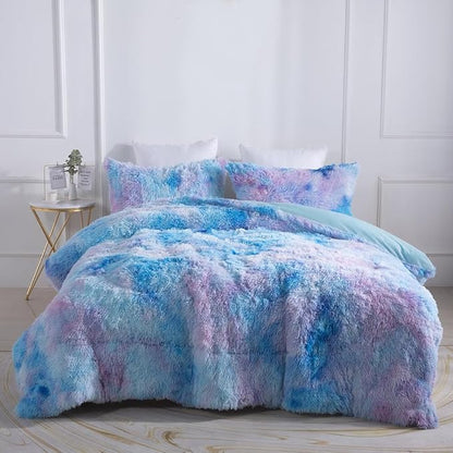 Wajade Fluffy Fuzzy Faux Fur King Size Comforter Set - King Duvet for Warm and Cozy Soft Bedroom 3 Pieces Premium Bedding Comforter Sets Galaxy Blue