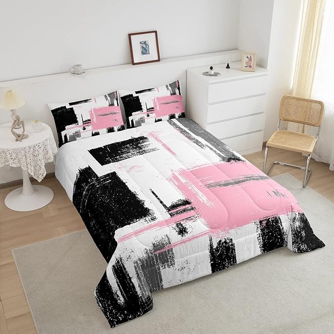 Feelyou Abstract Bedding Set Comforter Set for Kids Boys Children Modern Abstract Art Comforter Ultra Soft Decor Black Pink White Duvet Set Full Size