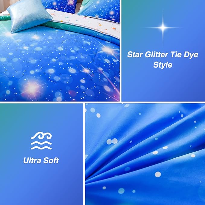 A Nice Night 6Pcs Gradient Glitter Bedding Set for Girls, Colorful Rainbow Galaxy Comforter Set, Ultra Soft Bedding Sets (Blue-Green,Full 6Pcs)