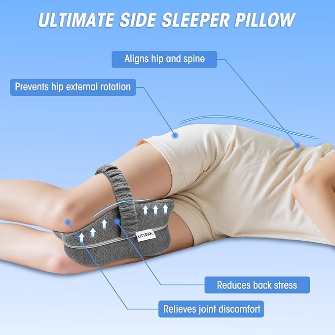 Knee Pillow for Side Sleepers & Sciatica Pain Relief, Memory Foam Leg Pillow for Side Sleeping with Detachable and Adjustable Strap, Two Covers, Blue& Grey, Gifts for Men and Women, One Pillow Only