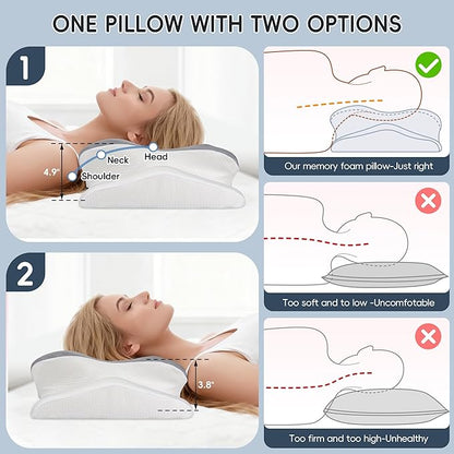 Cervical Neck Pillow, Ergonomic Side Sleeper Pillow for Pain Relief, Cooling Pillow for Sleeping, Neck and Shoulder, Contour Orthopedic Memory Foam Pillows for Back Stomach Sleepers Grey White