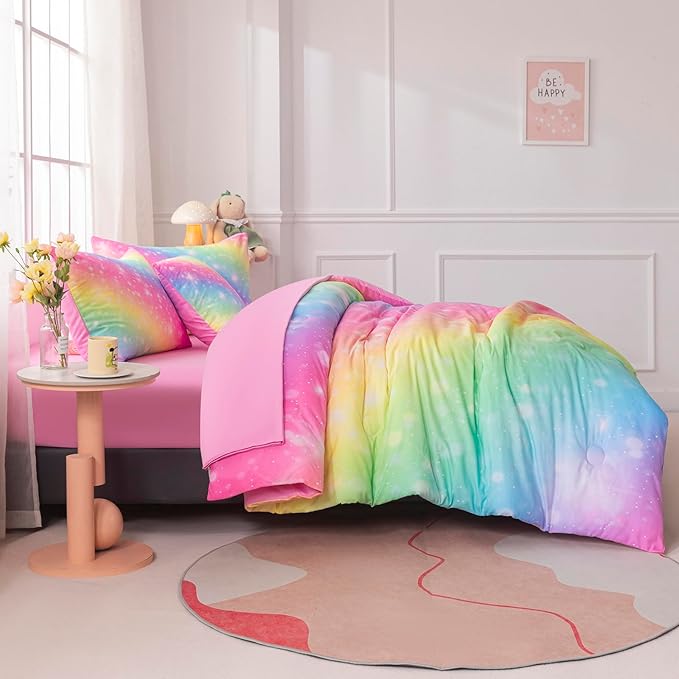 4Pcs Full Size Comforter Set for Girls Kids, Gradient Colorful Rainbow Girls Bedding Set Full with Sheets, Soft & Breathable Kids Bed for Gift Bedroom Decor
