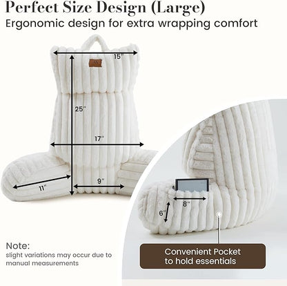 Amélie Home Faux Fur Reading Pillow with Pocket for Sitting in Bed, Adult Backrest Bed Pillow with Washable Cover for Lounging, Study & Relaxing, Ivory 25 inches