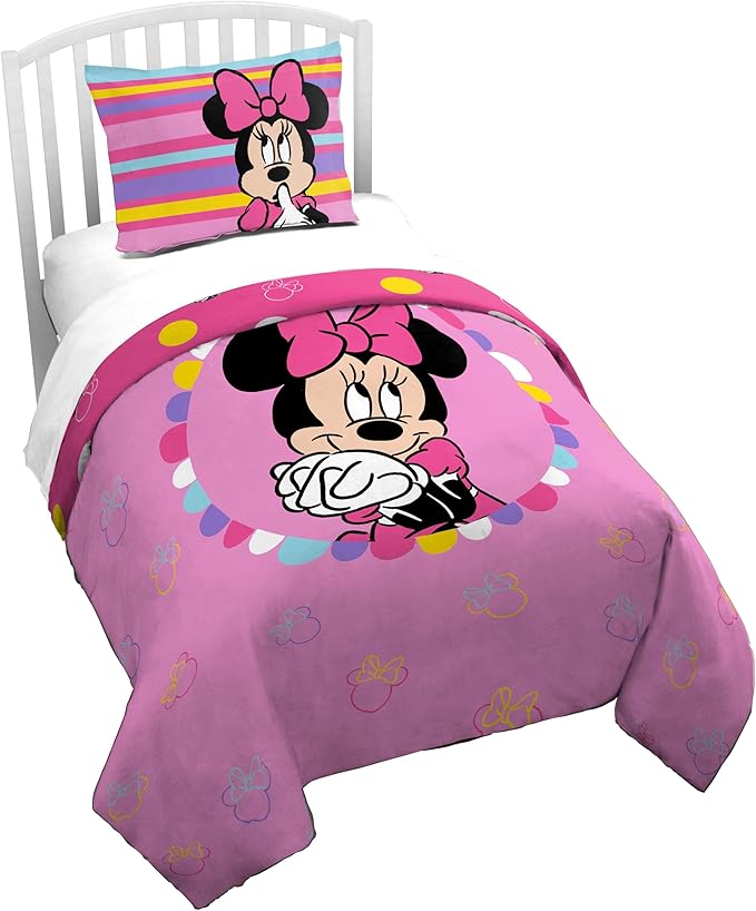 Jay Franco Duvet Cover Set – 2 Piece Comforter Cover and Sham Set, Super Soft Cozy Kids Bedding (Insert Not Included) Pink- Minnie Mouse, Twin
