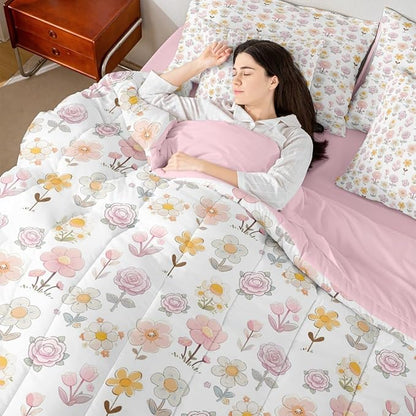 Feelyou Cute Flower 7 Piece Bedding Set Yellow Pink Floral Comforter Set with Sheets for Kids Boys Girls Romantic Blossom Bed in a Bag Cartoon Style Bed Set Soft Lightweight