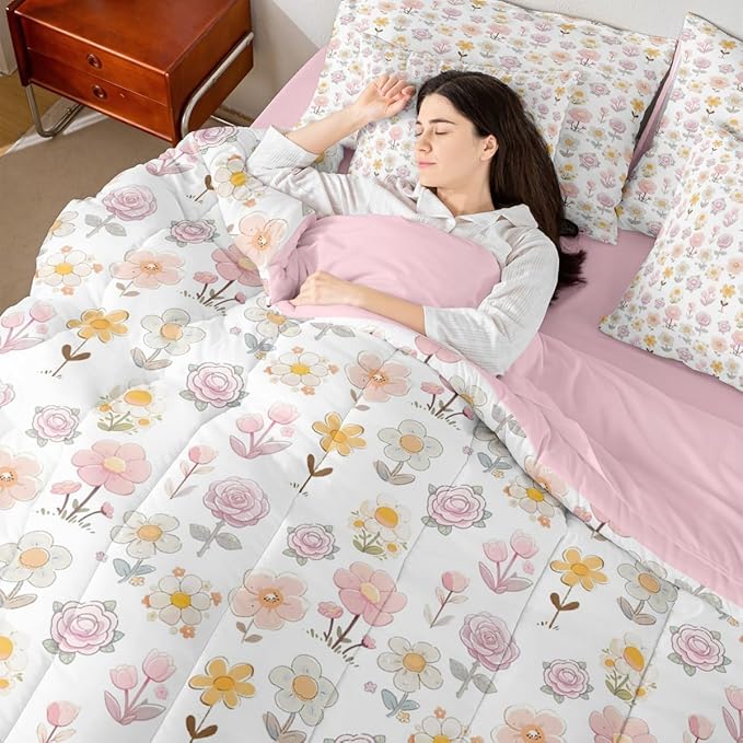Feelyou Cute Flower 7 Piece Bedding Set Yellow Pink Floral Comforter Set with Sheets for Kids Boys Girls Romantic Blossom Bed in a Bag Cartoon Style Bed Set Soft Lightweight