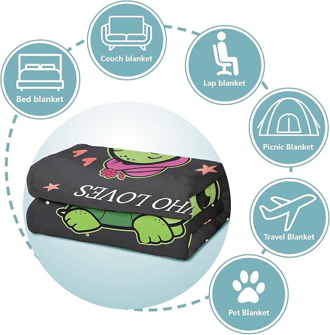 Turtle Lover Blanket, Just A Girl Who Loves Turtles Blanket, Soft Warm Cozy Fleece Throw, Gifts for Girls Women Kids, 60"x80", Black