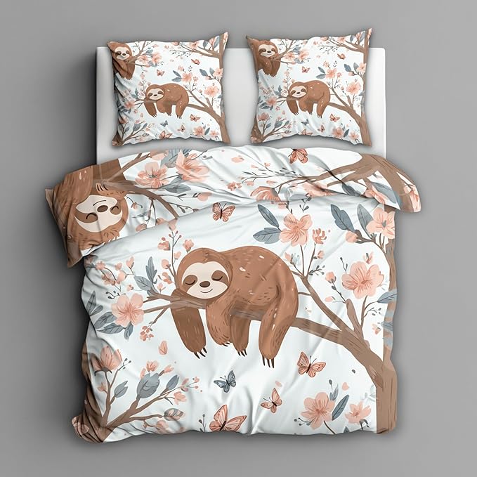 Sloth Duvet Cover Oversized Queen Size, Kids Boys Girls Bedding Set 3 Pcs (2 Pillow Shams), Super Soft Microfiber Bedroom Decor, Zipper & Ties CSXQ1247