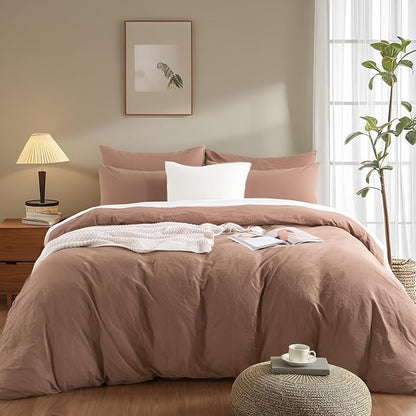 NEXHOME PRO Duvet Cover Set 100% Washed Cotton Full Size Linen Feel Textured Organic Natural 3 Pieces Bedding Set Mocha Brown with Zipper Closure and Corner Ties, Breathable (No Comforter)