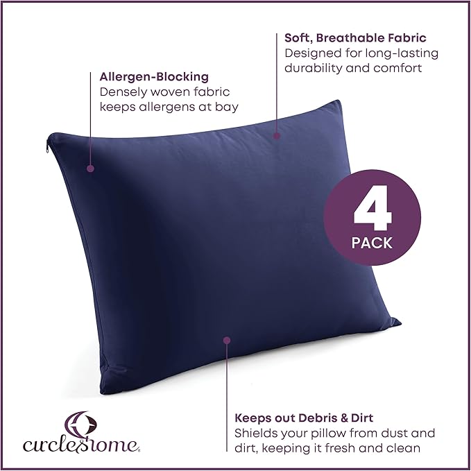 CirclesHome Pillow Protectors 4 Pack King Zippered - 100% Cotton Breathable Pillowcases - Protects Pillows from Dirt, Dust and Debris (King - Set of 4 - 20x36)
