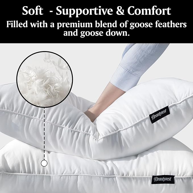 Beautyrest Luxury Goose Feathers Soft Pillows, 500 Thread Count Cover 20”x28”, Queen (Pack of 2), Supportive Fluffy Hotel Collection Bed Pillows for Side and Back Sleepers