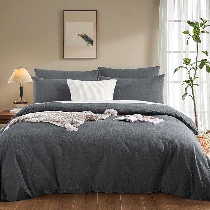 NEXHOME PRO Duvet Cover Twin 100% Washed Cotton, Organic Natural Linen Like Textured Breathable Durable Bedding Set Heather Black 6890