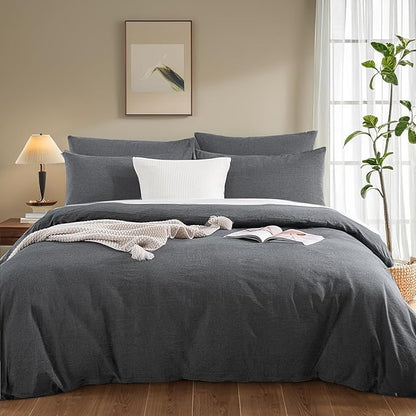 NEXHOME PRO Duvet Cover Twin 100% Washed Cotton, Organic Natural Linen Like Textured Breathable Durable Bedding Set Heather Black 6890