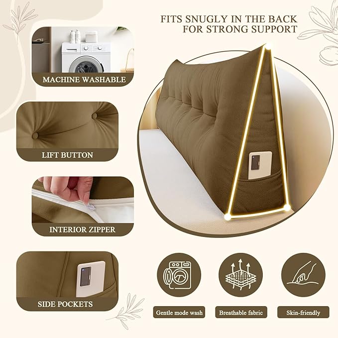 Headboard Pillow Queen, Large Triangular Wedge Headboard Pillow for Reading and Resting, Backrest Positioning Support Pillow with Removable Cover (Brown)