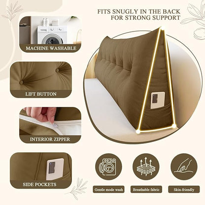 Headboard Pillow Queen, Large Triangular Wedge Headboard Pillow for Reading and Resting, Backrest Positioning Support Pillow with Removable Cover (Brown)