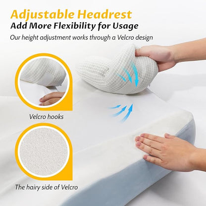 Ergonomic S Curve Reading Pillow for Sitting in Bed Adult- Back Pillow for Bed Sitting up with Adjustable Headrest- Memory Foam White, Blue