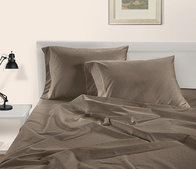 LANE LINEN Luxury Hotel Style 100% Egyptian Sheets Twin Size Bed Set, Mercerized Cotton, Sily Finish, No Pill Fade Resistant Twin Bedding Sheets & Pillowcases Jaquard Swiss Dot - Taupe