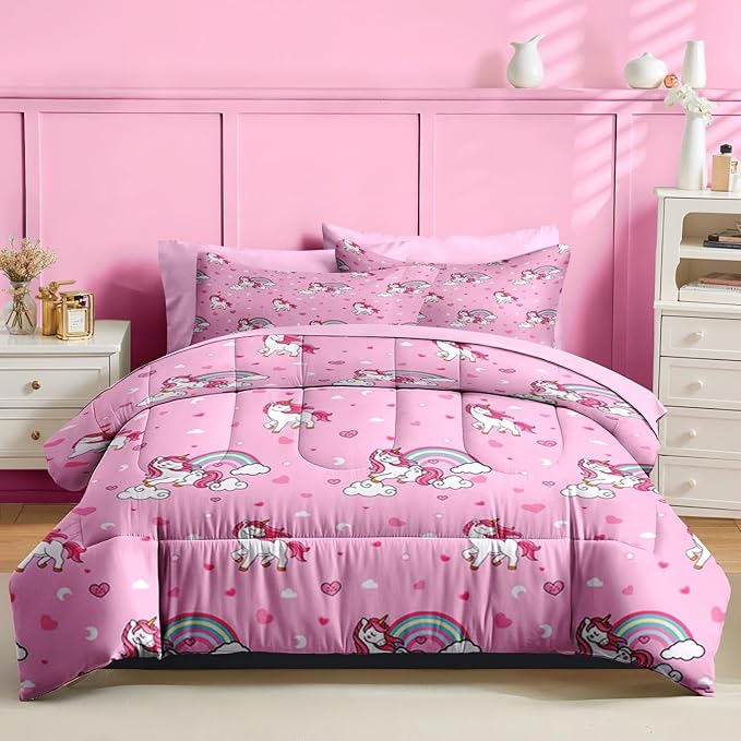 Nesker 5 Pcs Comforter Set Twin Size, Cute Pink Unicorn Bedding for Kids Teen, Cartoon Rainbow Bed Sheet with Pillowcase & Sham