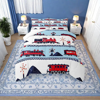 Erosebridal Red White and Blue Train Comforter Set Cartoon Train Railroad Tracks Kids Bedding Traffic Transportation Track Bedding Comforters & Sets Cute Retro Vintage Vehicle Quilt Full 3Pcs