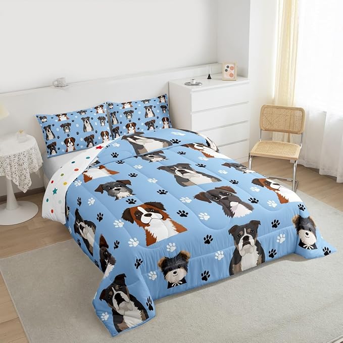 Castle Fairy Cartoon Dogs Bedding Sets,Cute Puppy Paw Prints Comforter Set for Kids Boys Teens,Watercolor Lovely Pet Animals Decor Quilted Comforter with 1 Pillowcase Toddler Size 2 Pcs