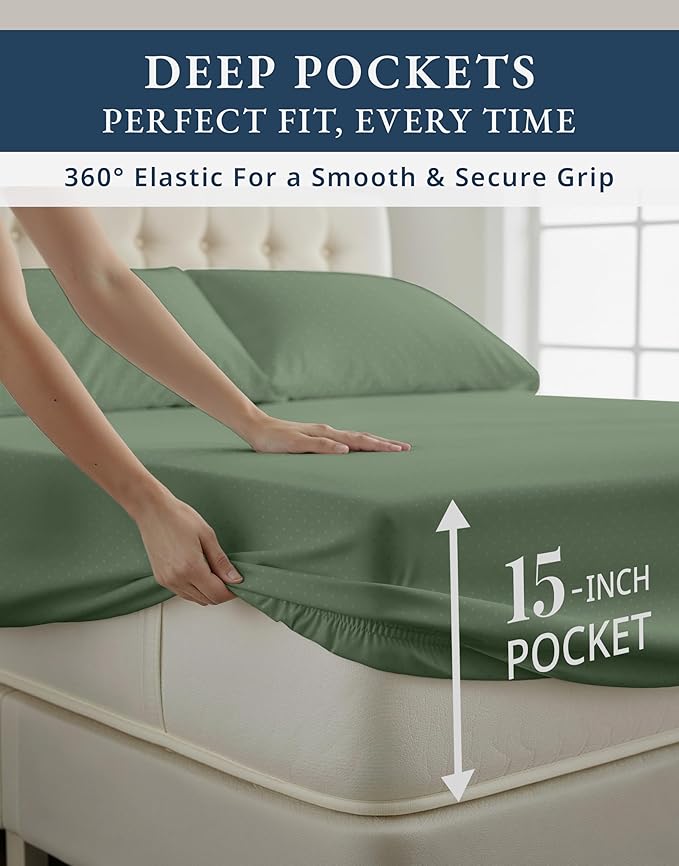 LANE LINEN 100% Egyptian Cotton Twin XL Sheets Set, Soft & Comfy Thick Fully Elasticized Mercerized Cotton Sheets Twin Sheets, No Pill Fade Resistant Elegant Jaquard Swiss Dot - Iceberg Green