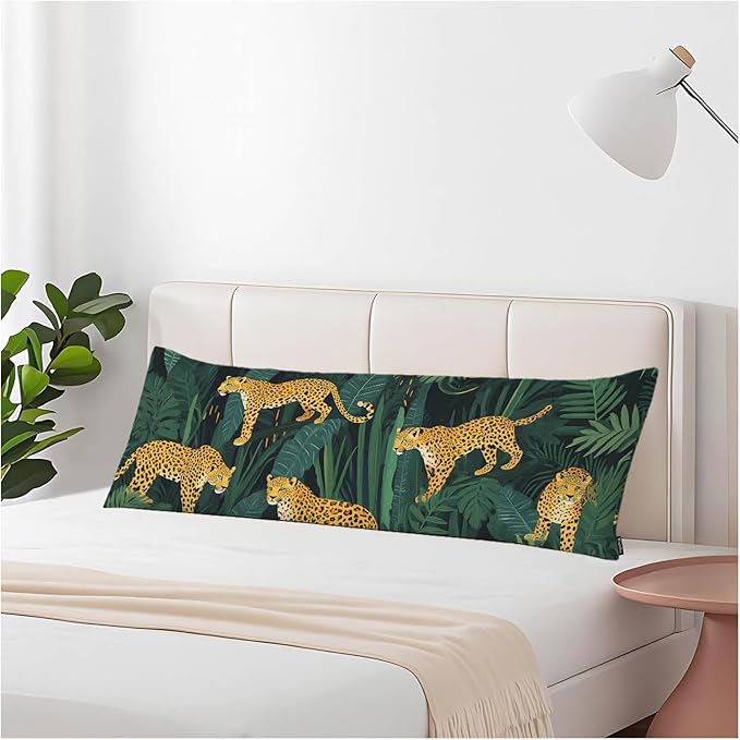 Leopard Body Pillows Covers for Adults, Wildlife Leopards Tropical Leaves Body Pillow Covers Lumbar Body Pillow Case 20"X54" Body Pillowcase Cushion Cover for Home Bedroom Office Hotel