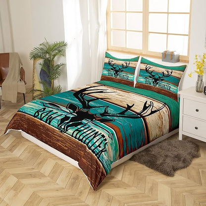 Castle Fairy Farmhouse Rustic Queen Duvet Cover for Kids Boys,Hunting Deer Antlers Skull Bedding Set with 2 Pillowcases Comforter Cover,Retro Animal Hunter Bed Spread Quilt Cover 3pcs,Modern