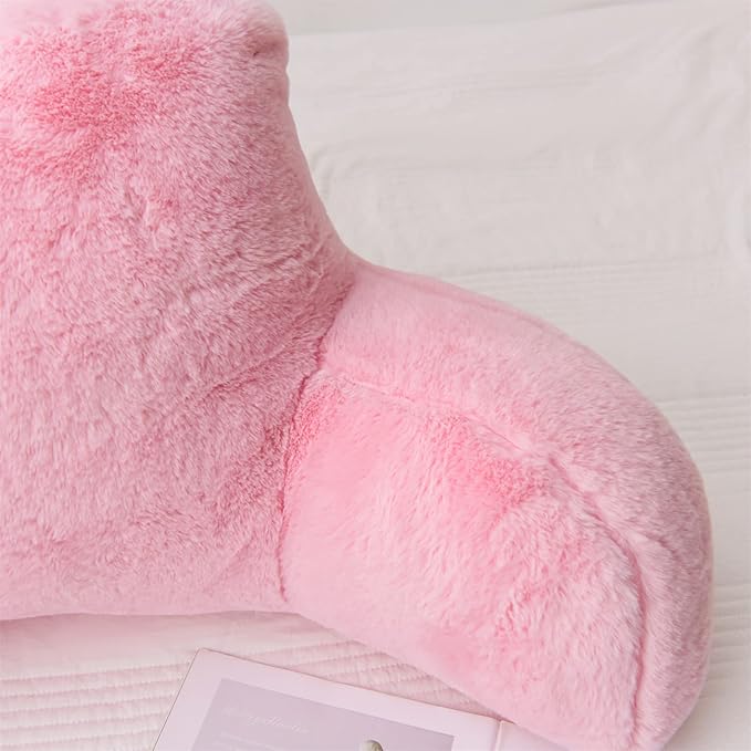 Aimuan Reading Pillow Bed Rest Pillow with Arms Rabbit Fur Cushion for Adults Teens Incline Rest Sitting up & Sleeping Snoring Pillow with Pregnancy Lumbar Back Support (Standard, Pink)