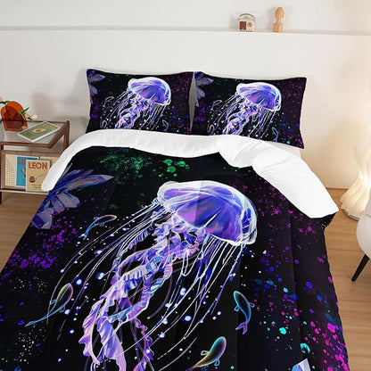 HOSIMA Ocean Theme Comforter 3 Piece,Deep Sea Treasure Crystals Jellyfish Comforter Full Size Bed in a Bag Preppy Bedding Set,Dreamy Marine Life Colored Ink Comforter Galaxy Bedding.