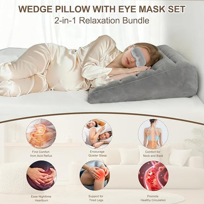 Inflatable Wedge Pillow for Sleeping - Inflatable Travel Pillow with Eye Mask for Head Shoulder,Back,Knee,Leg Elevation,Post-Surgery Support,Acid Reflux&Back Pain Relief,Snoring,Portable Wedge Cushion