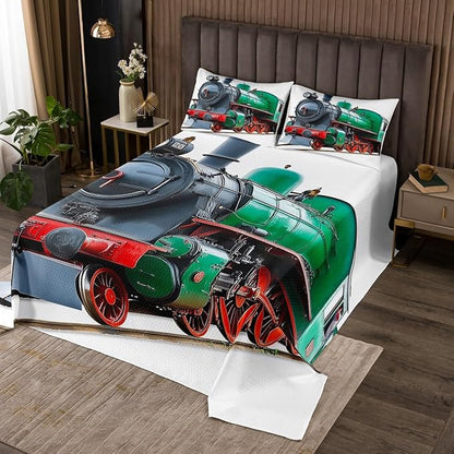 Erosebridal Green Train Coverlet Set King Size Transportation Bedspread for Boys Girls Youth Teens,Vehicles Bedding Set Railroad Car Quilt Set Kids Car Theme Room Bedroom Decor Red White